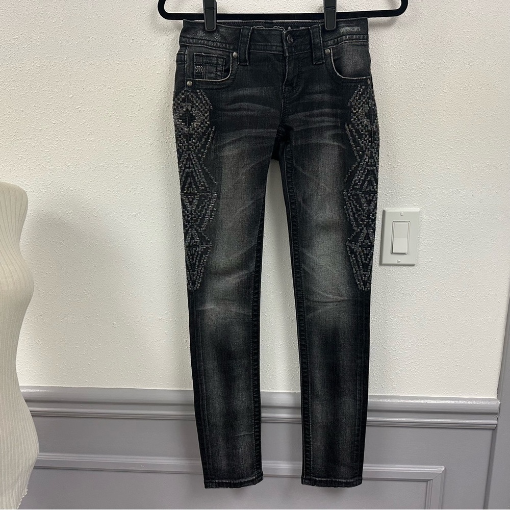 Miss Me Women's Whiskered Black Skinny Jeans Embroidered Side Detail - Picture 3 of 16